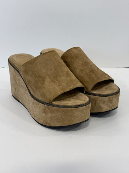 BRUNELLO CUCINELLI Beige Suede Metallic Embellishment Wedges Sandals / US7-EU38