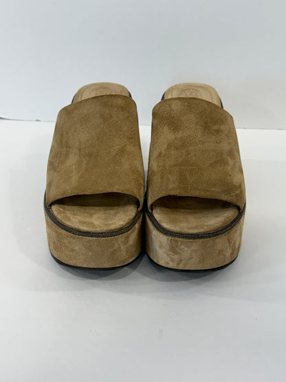 BRUNELLO CUCINELLI Beige Suede Metallic Embellishment Wedges Sandals / US7-EU38