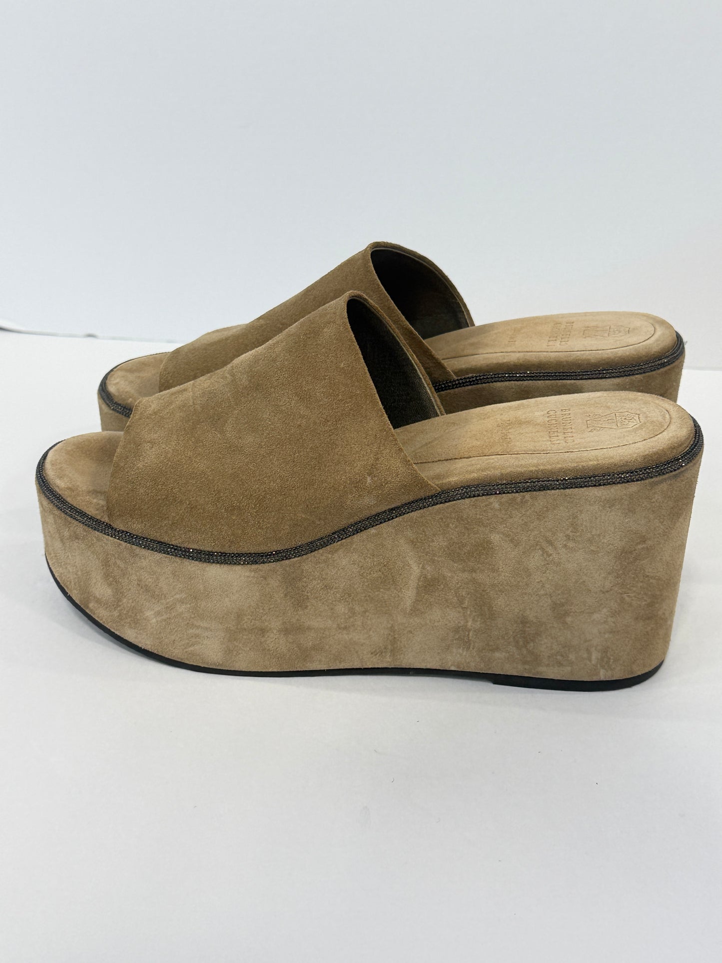 BRUNELLO CUCINELLI Beige Suede Metallic Embellishment Wedges Sandals / US7-EU38