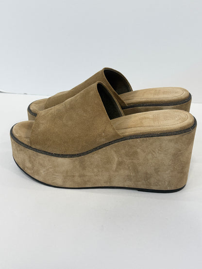 BRUNELLO CUCINELLI Beige Suede Metallic Embellishment Wedges Sandals / US7-EU38