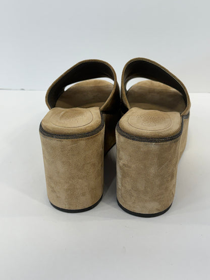 BRUNELLO CUCINELLI Beige Suede Metallic Embellishment Wedges Sandals / US7-EU38
