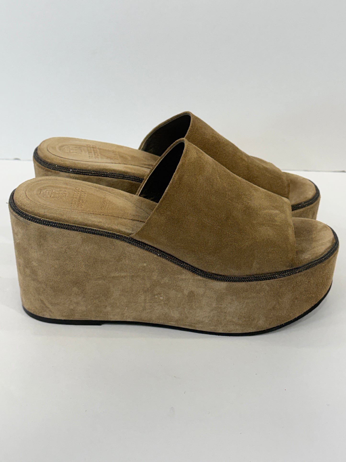 BRUNELLO CUCINELLI Beige Suede Metallic Embellishment Wedges Sandals / US7-EU38