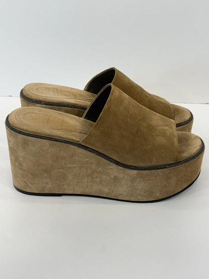 BRUNELLO CUCINELLI Beige Suede Metallic Embellishment Wedges Sandals / US7-EU38