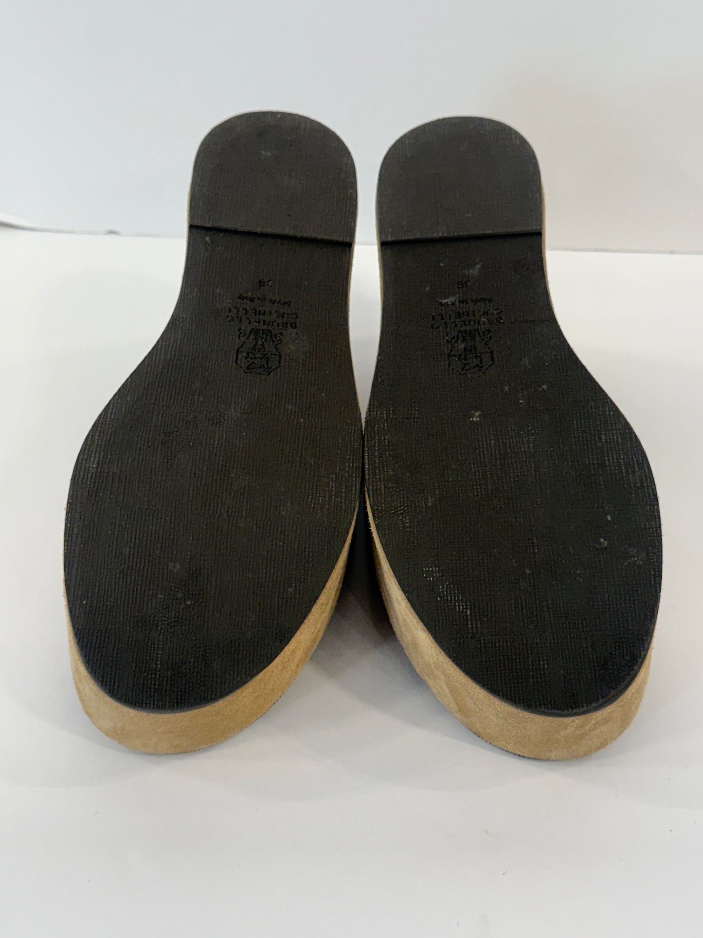 BRUNELLO CUCINELLI Beige Suede Metallic Embellishment Wedges Sandals / US7-EU38