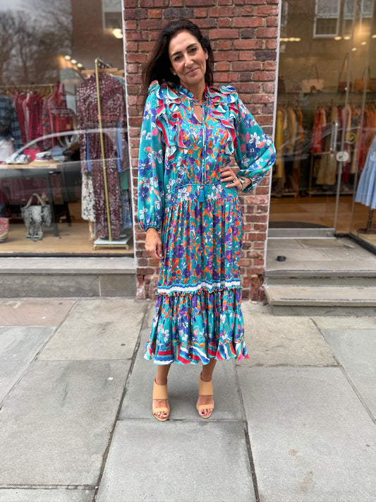 DIANE FREIS  Flower Print  LS Smock Maxi Dress/M