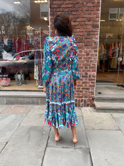 DIANE FREIS  Flower Print  LS Smock Maxi Dress/M