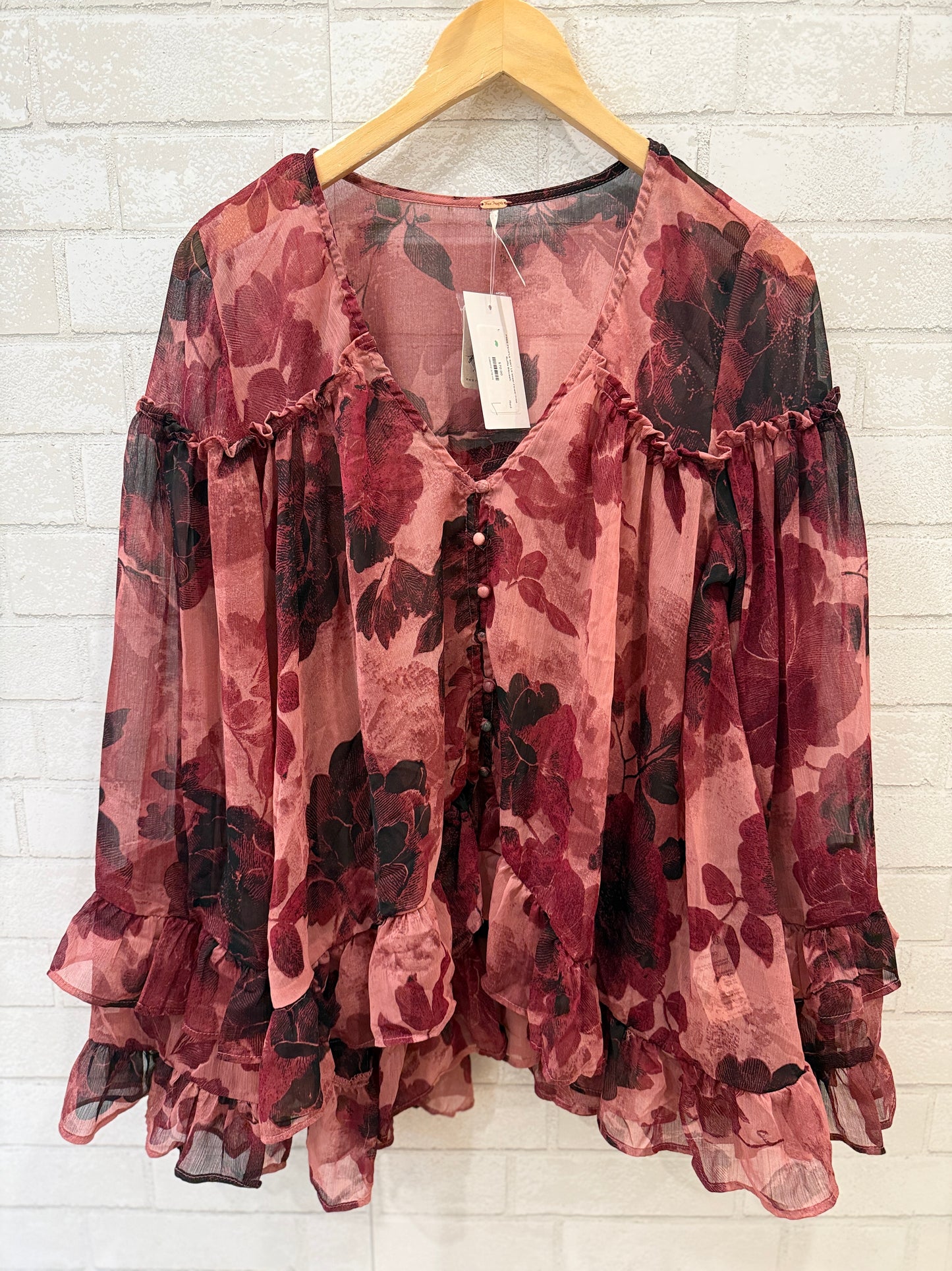 FREE PEOPLE NWT  LS  Sheer Flower Print Ruffle Blouse/L