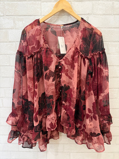 FREE PEOPLE NWT  LS  Sheer Flower Print Ruffle Blouse/L