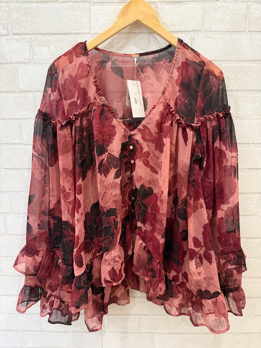 FREE PEOPLE NWT  LS  Sheer Flower Print Ruffle Blouse/L