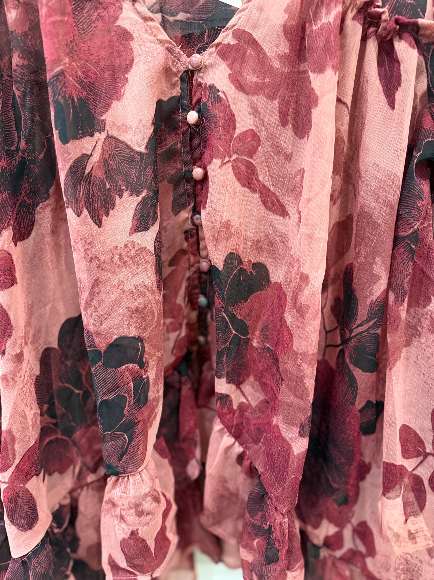 FREE PEOPLE NWT  LS  Sheer Flower Print Ruffle Blouse/L