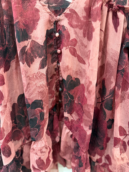 FREE PEOPLE NWT  LS  Sheer Flower Print Ruffle Blouse/L