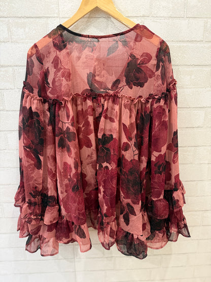 FREE PEOPLE NWT  LS  Sheer Flower Print Ruffle Blouse/L