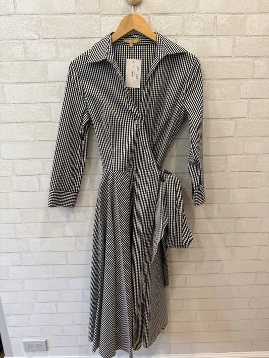 MICHAEL KORS COLLECTION Cotton Poplin Gingham Print LS Wrap Midi Dress / M-US6