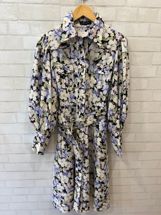 BEULAH Cotton LS Flower Print  Belted Midi Shirt Dress/S