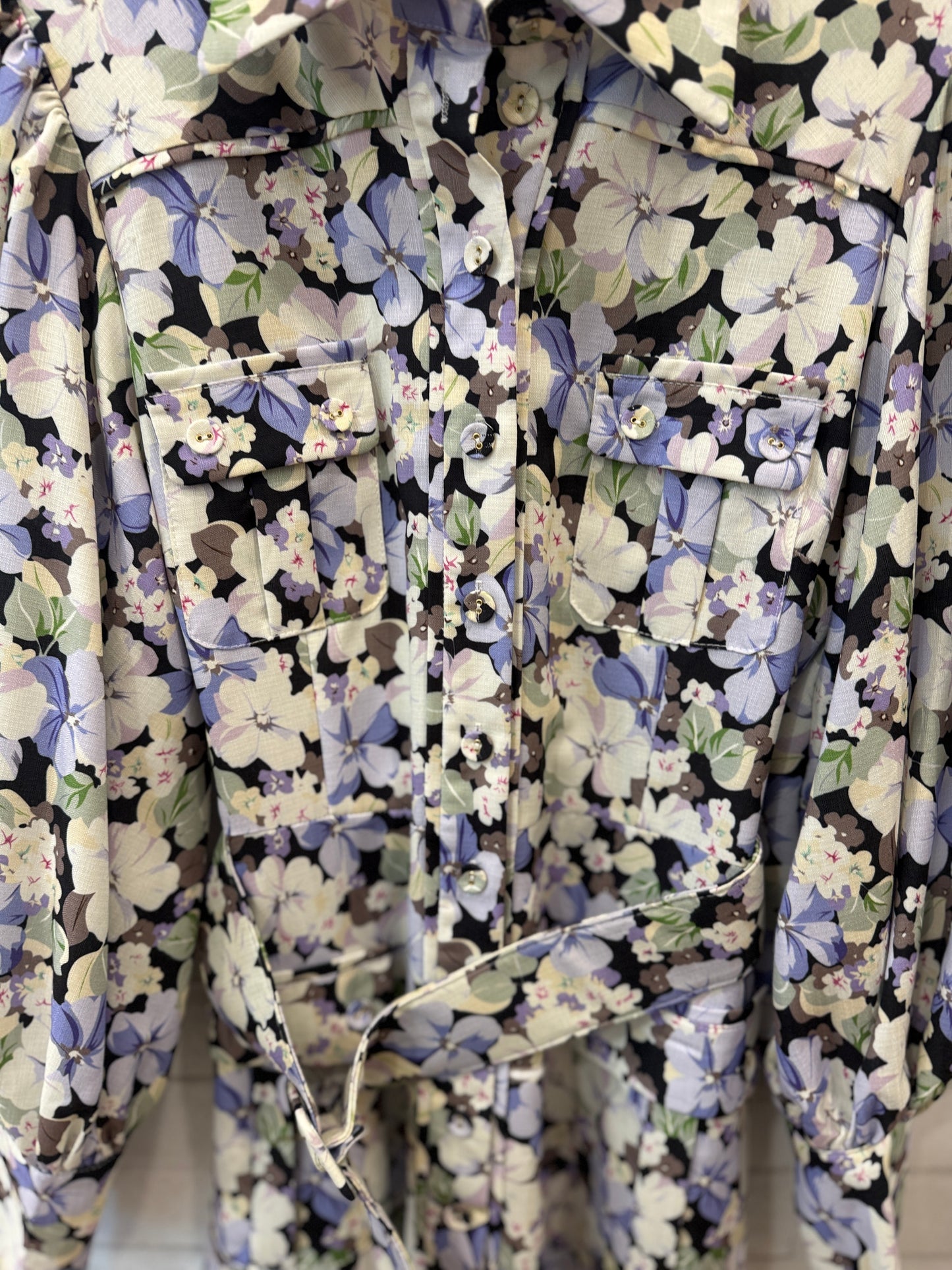 BEULAH Cotton LS Flower Print  Belted Midi Shirt Dress/S