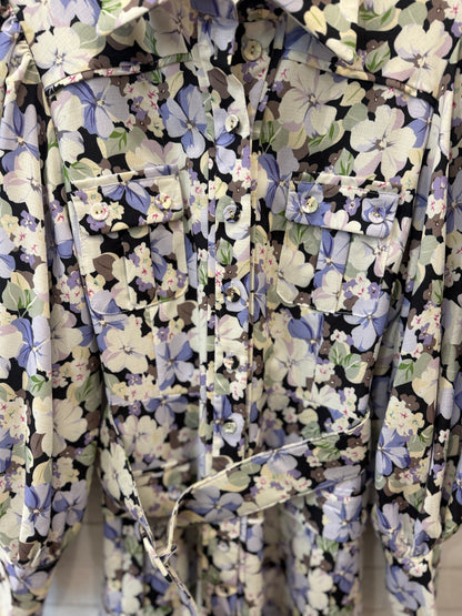 BEULAH Cotton LS Flower Print  Belted Midi Shirt Dress/S