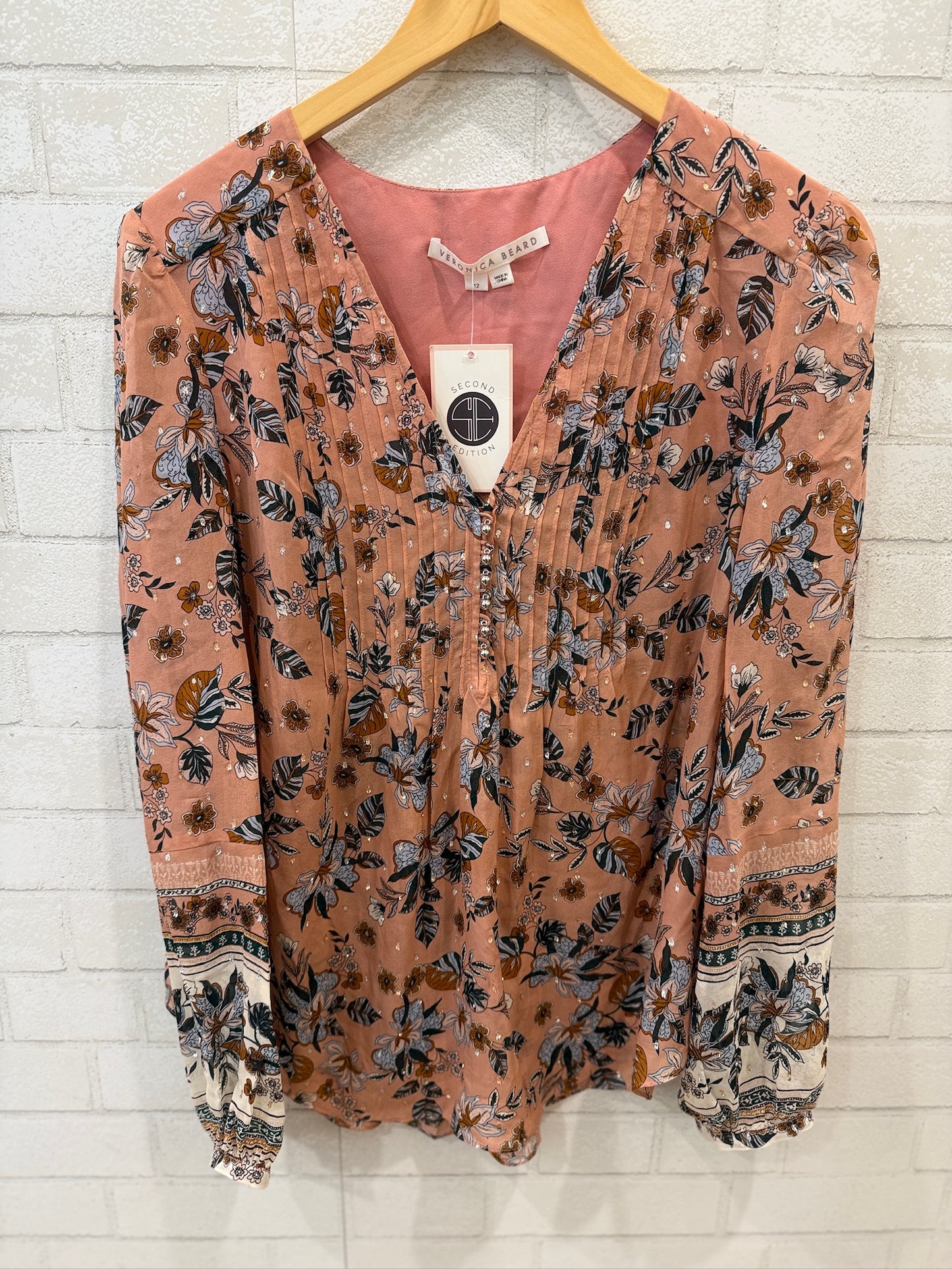 VERONICA BEARD Silk LS Flower Print &Strass VNeck Blouse/L-US12