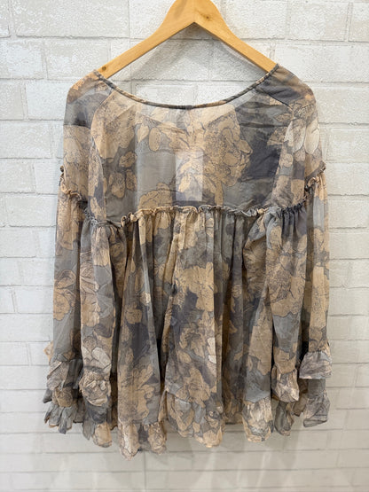 FREE PEOPLE NWT  LS  Sheer Flower Print Ruffle Blouse/L