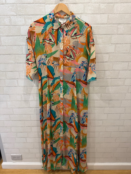 TAJ BY SABRINA Embroidered Parrots Maxi Shirt Dress / M