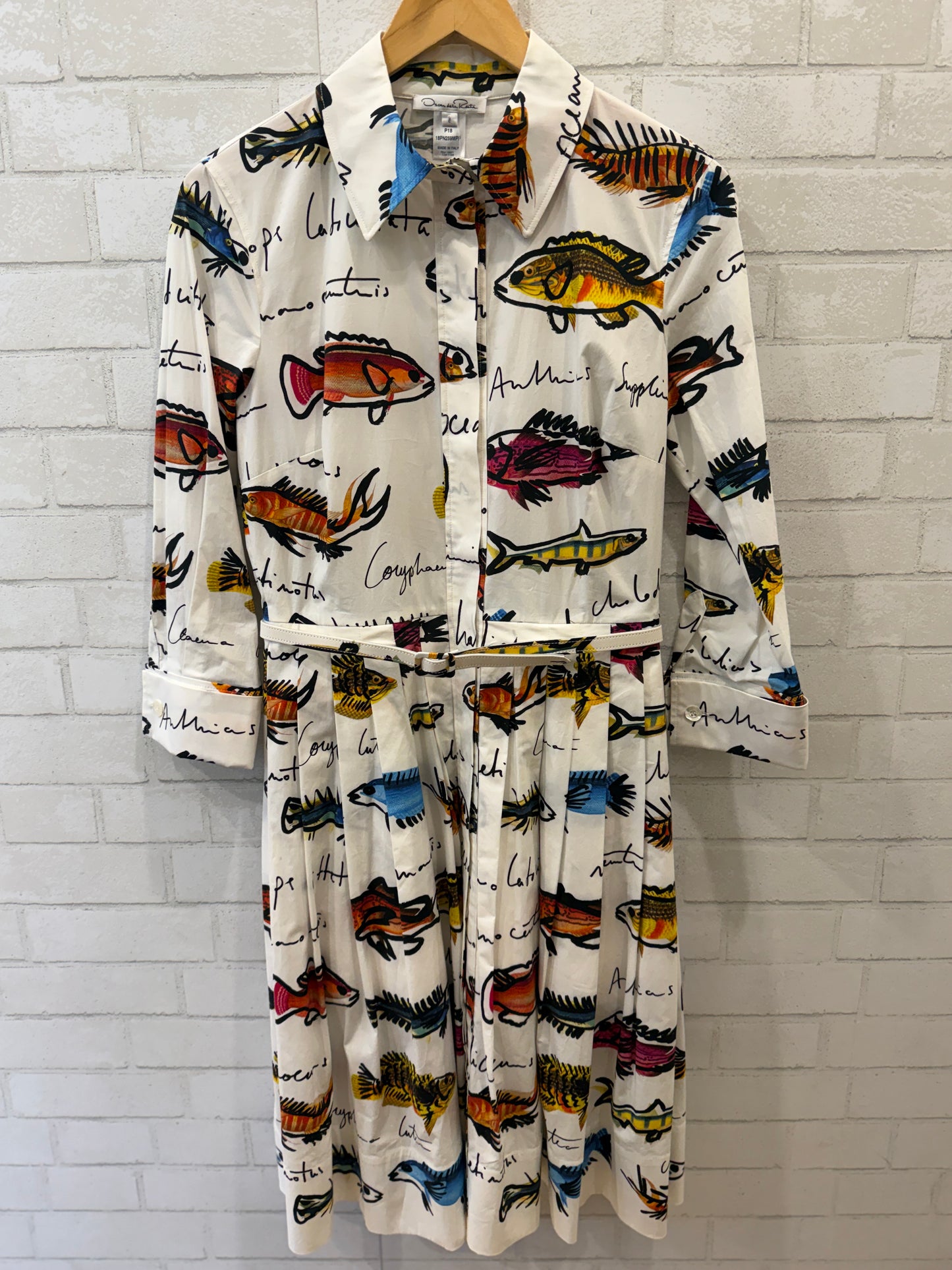 OSCAR DE LA RENTA Cotton Poplin LS Belted Fish Print Knee Length Shirt Dress / M-US6