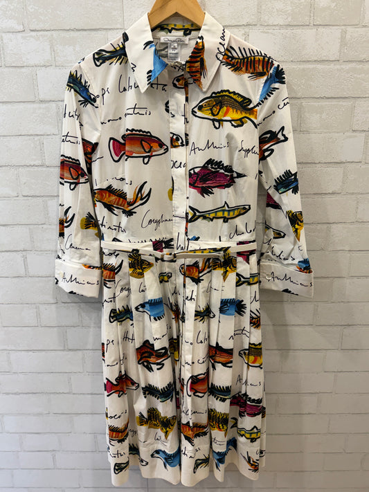 OSCAR DE LA RENTA Cotton Poplin LS Belted Fish Print Knee Length Shirt Dress / M-US6