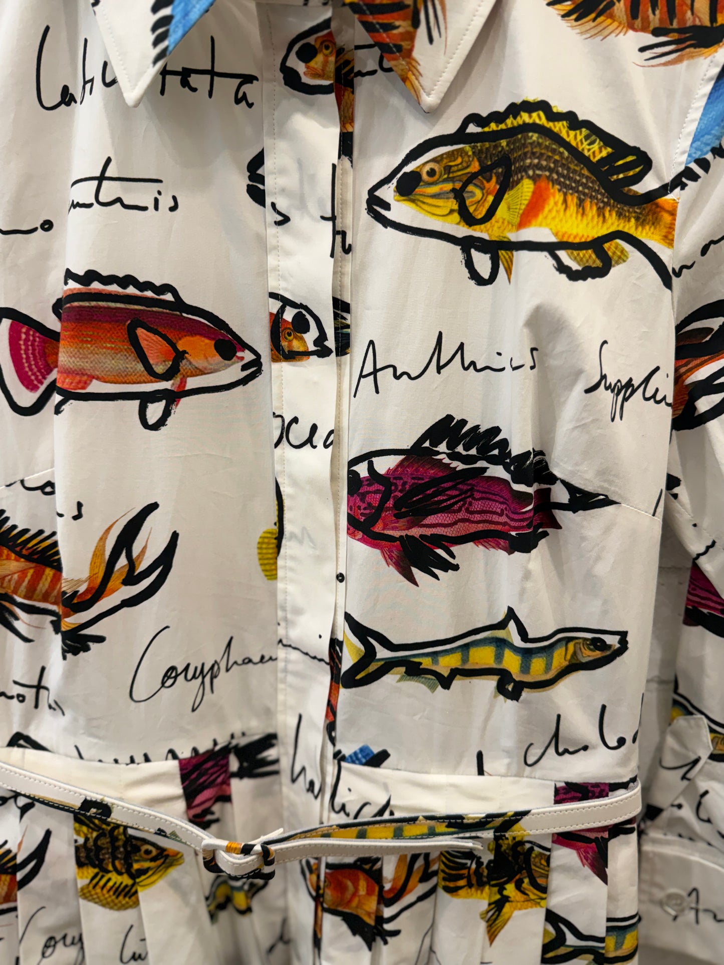 OSCAR DE LA RENTA Cotton Poplin LS Belted Fish Print Knee Length Shirt Dress / M-US6