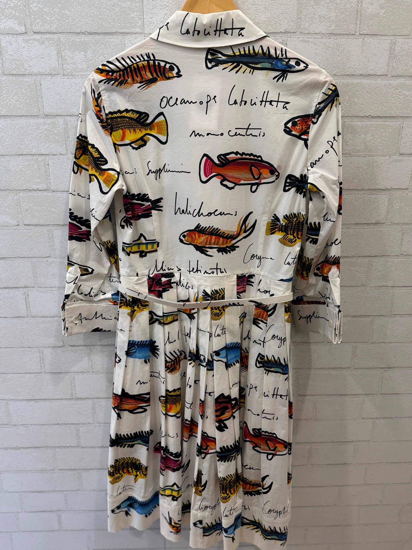OSCAR DE LA RENTA Cotton Poplin LS Belted Fish Print Knee Length Shirt Dress / M-US6