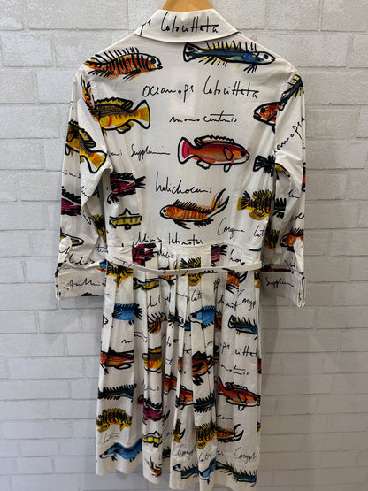 OSCAR DE LA RENTA Cotton Poplin LS Belted Fish Print Knee Length Shirt Dress / M-US6