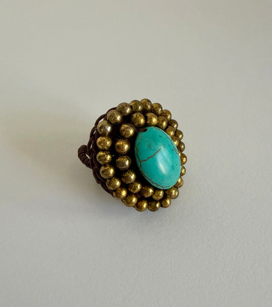 NO BRAND Macrame Turquoise and Brass Beads Ring