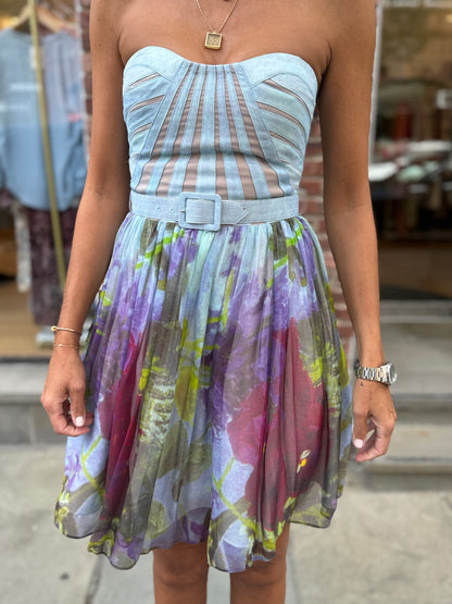 AIDAN MATTOX Silk Bustier Dress With Flowers/ US:4-EU:XS