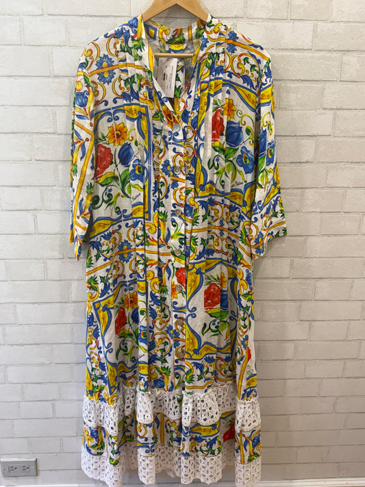 MARINA ST BARTH Linen LS Printed Shirt Maxi Dress / M