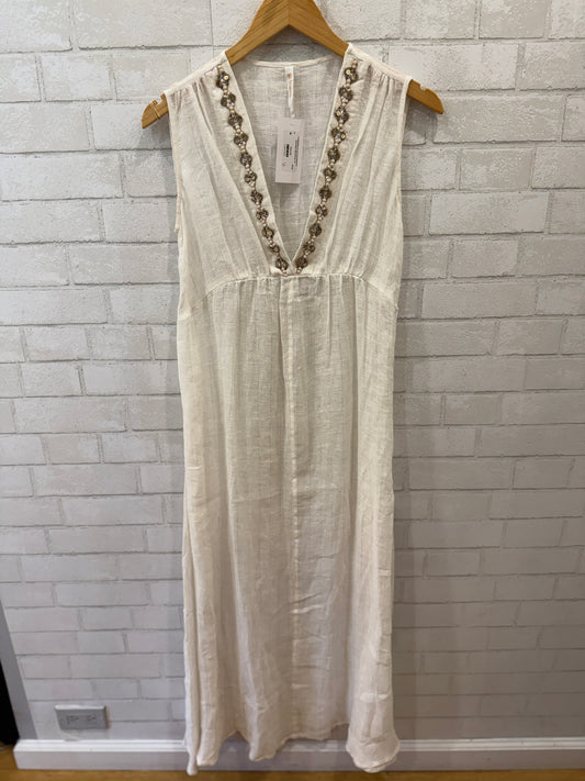 FLORABELLA Linen Embellished Sleeveless Maxi Dress / S