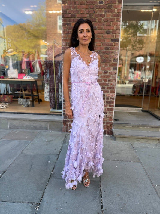 MARCHESA NOTTE Long V-Neck 3D Flowers Dress/ US:8- EU:M
