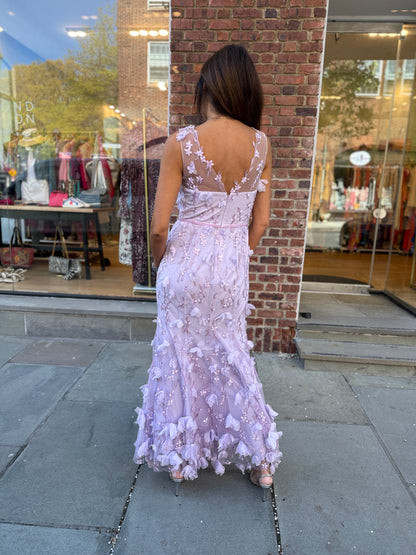 MARCHESA NOTTE Long V-Neck 3D Flowers Dress/ US:8- EU:M