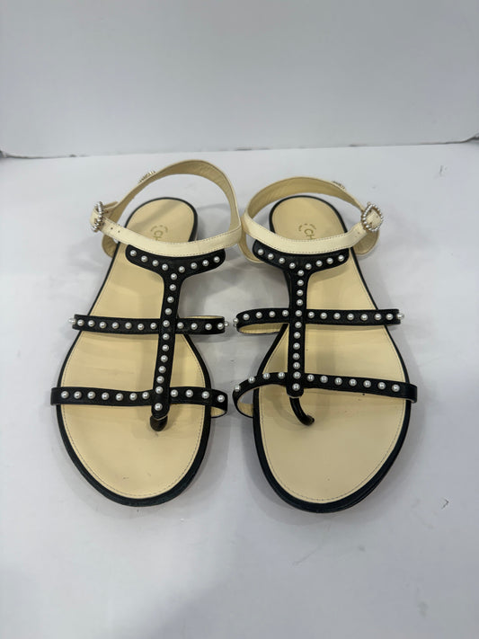 CHANEL Leather Faux Pearl T-Strap Sandals / US8-EU39