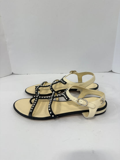 CHANEL Leather Faux Pearl T-Strap Sandals / US8-EU39