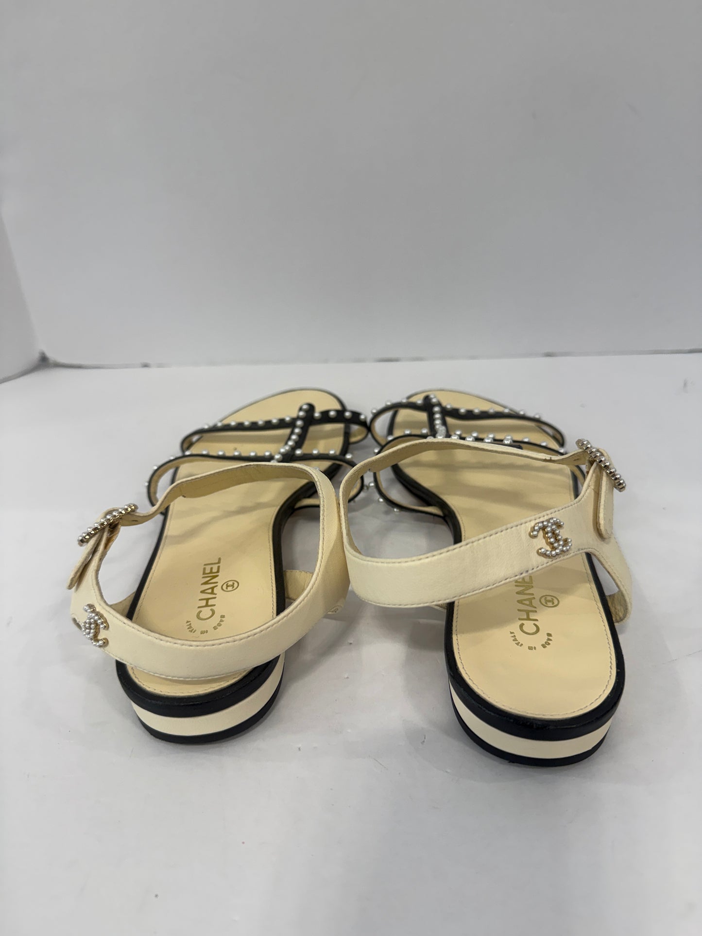 CHANEL Leather Faux Pearl T-Strap Sandals / US8-EU39