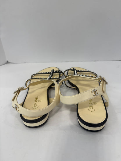 CHANEL Leather Faux Pearl T-Strap Sandals / US8-EU39