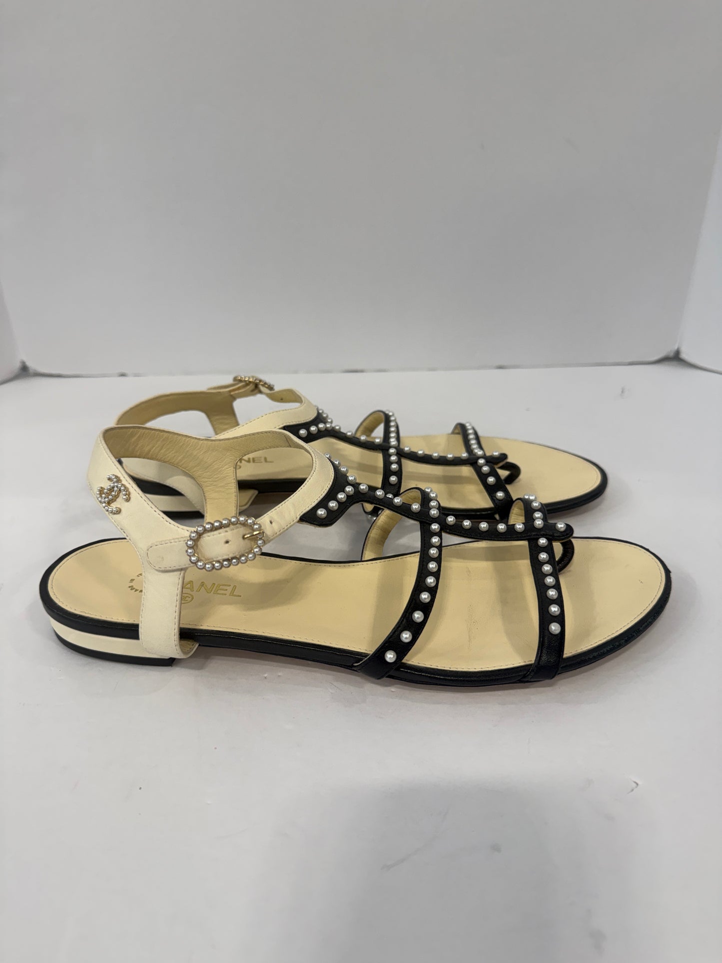CHANEL Leather Faux Pearl T-Strap Sandals / US8-EU39