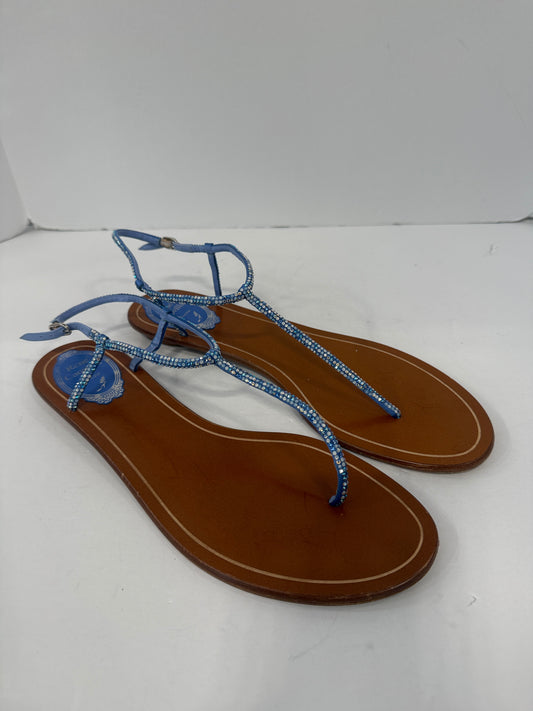 RENE CAOVILLA Leather Rhinestones embellished T-Strap Sandals / US9-EU40