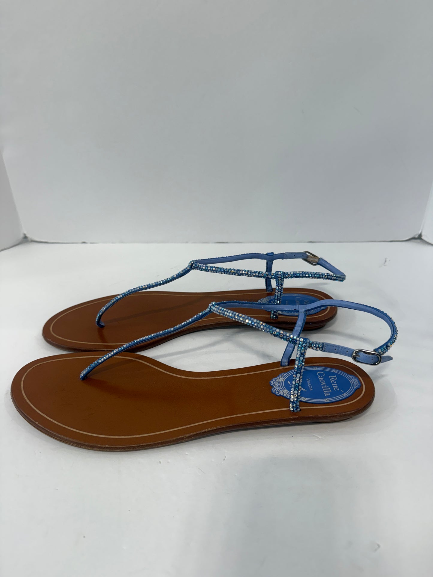 RENE CAOVILLA Leather Rhinestones embellished T-Strap Sandals / US9-EU40