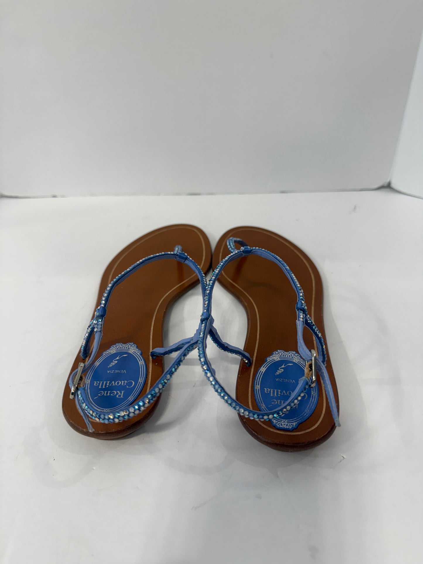 RENE CAOVILLA Leather Rhinestones embellished T-Strap Sandals / US9-EU40