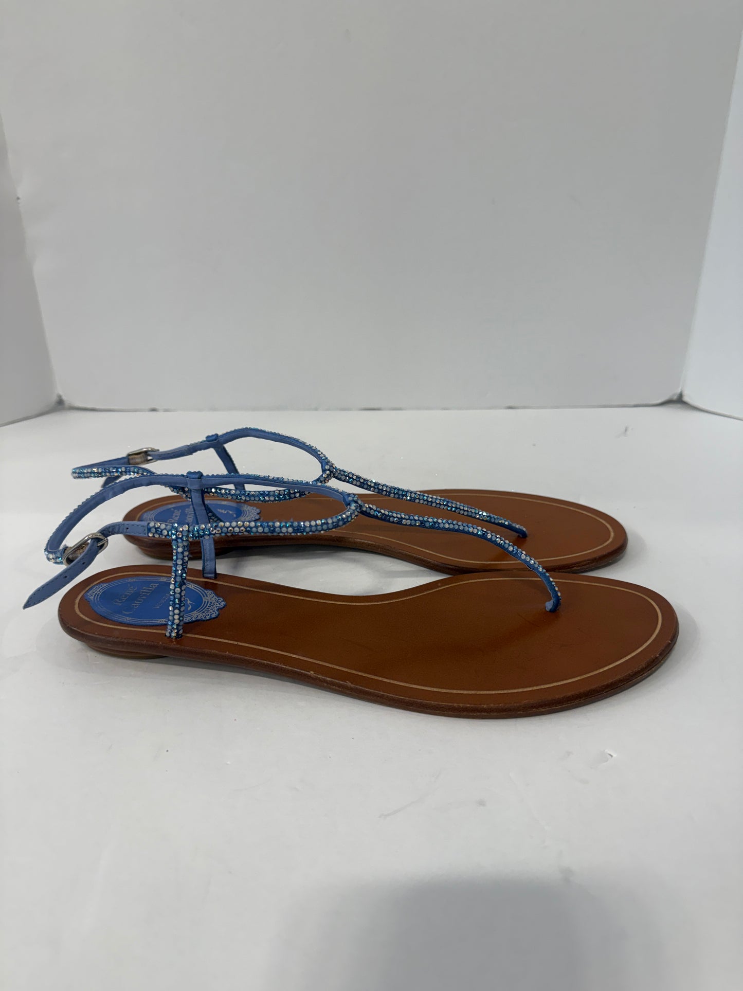 RENE CAOVILLA Leather Rhinestones embellished T-Strap Sandals / US9-EU40