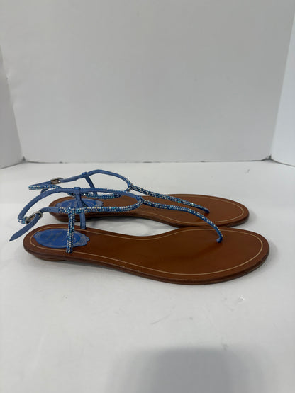 RENE CAOVILLA Leather Rhinestones embellished T-Strap Sandals / US9-EU40