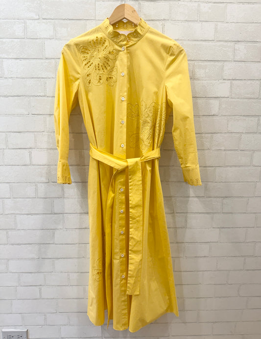 CAROLINA HERRERA LS Cotton Poplin Embroidered Belted Maxi Dress / S-US4