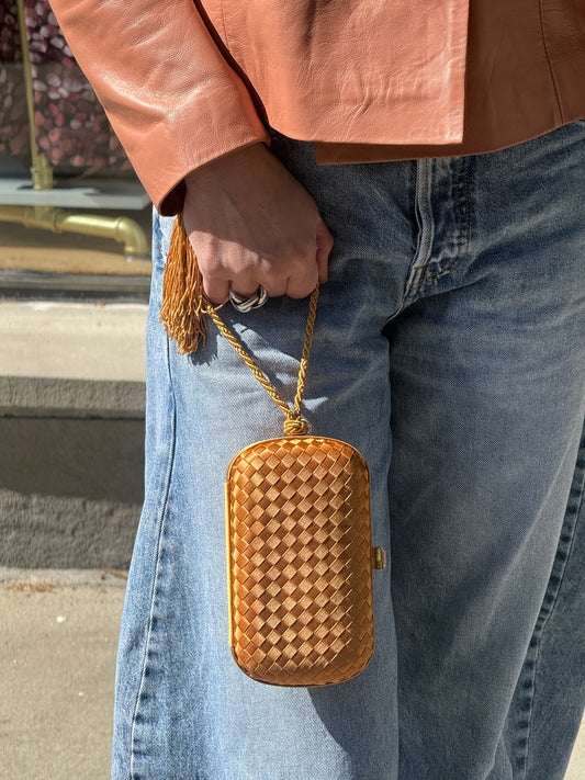 BOTTEGA VENETA Satin Intreciatto Impero Knot Clutch