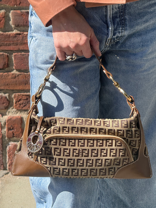 FENDI Zucchino Canvas & Leather Front Pocket Shoulder bag