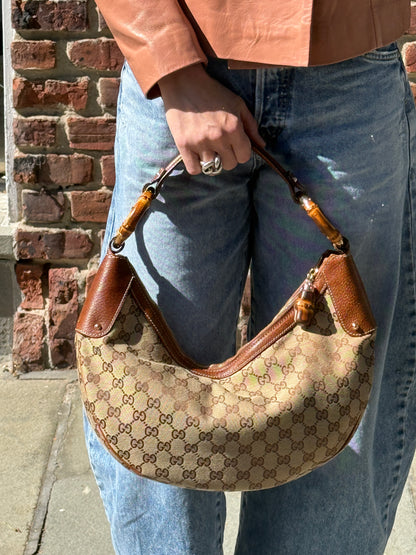 GUCCI GG Canvas Bamboo Ring Hobo Bag