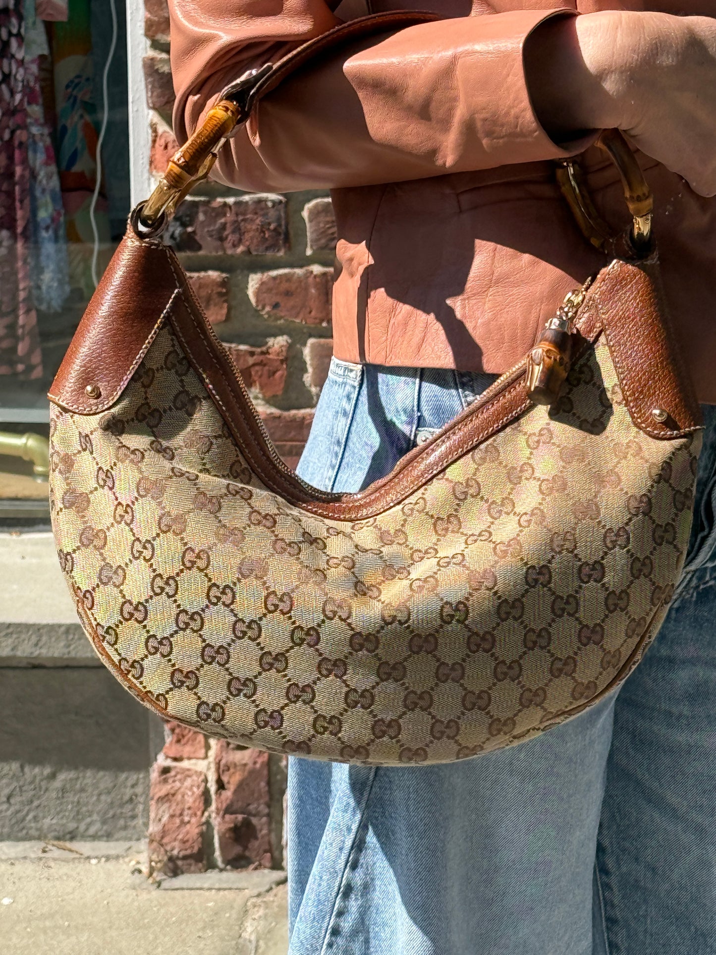 GUCCI GG Canvas Bamboo Ring Hobo Bag