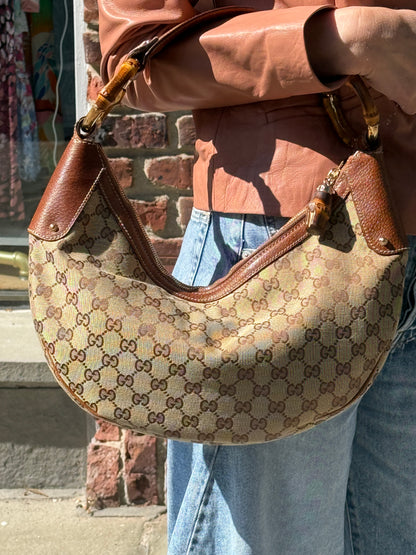 GUCCI GG Canvas Bamboo Ring Hobo Bag